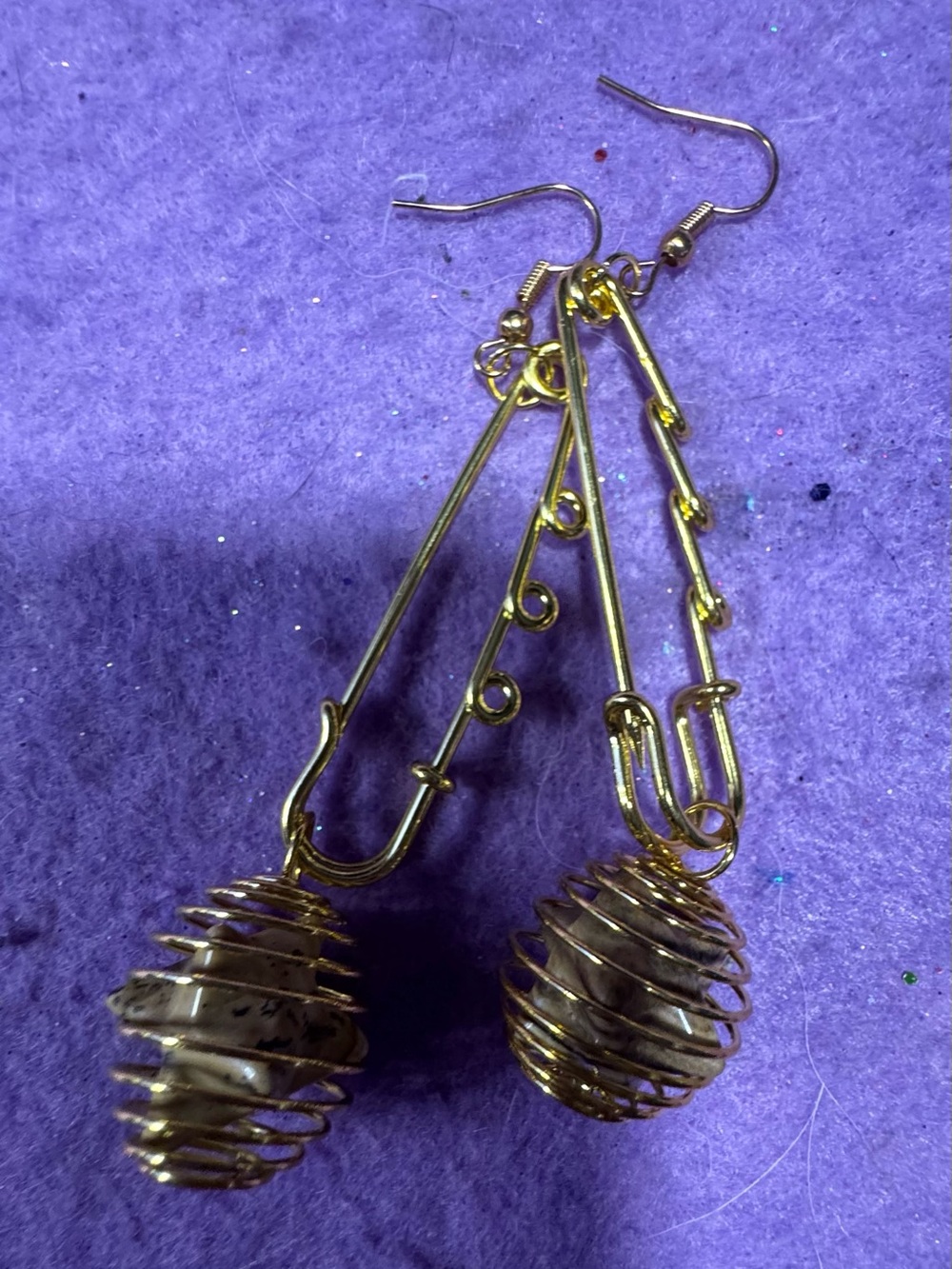 Gold Wiresafety pin Earrings with golden caged Natural Stone